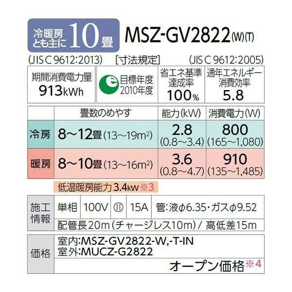 MSZ-GV2822-W 標準取付工事費込 三菱電機 ルームエアコン 霧ヶ峰 GV 